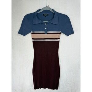 Kendall & Kylie Ribbed Knit Mini Dress Women XS Blue Burgundy Striped
